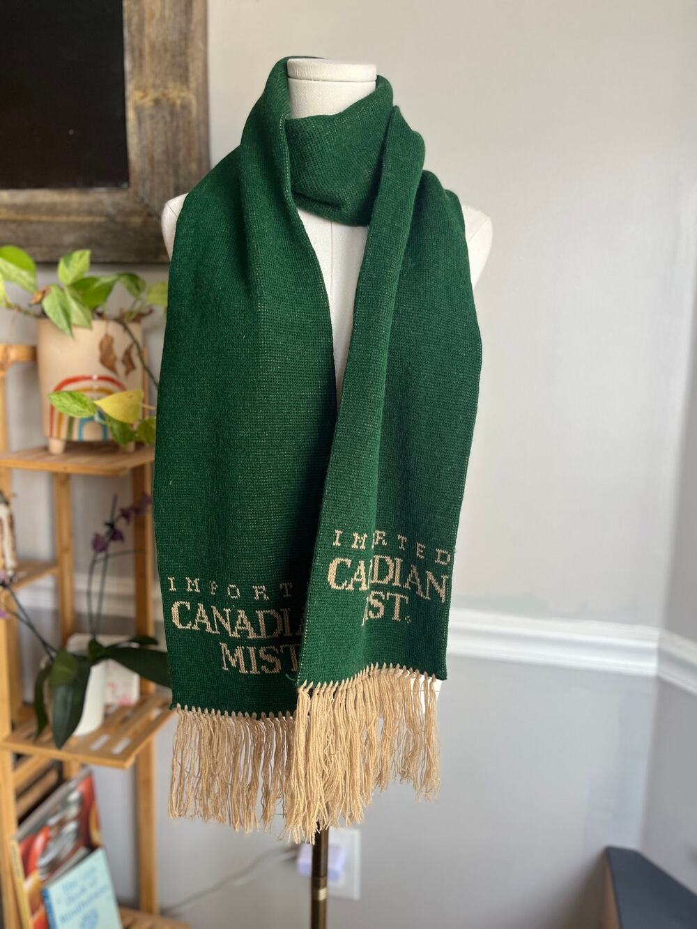 Vintage 90s Canadian Mist Whiskey Scarf Green Fringe Wool Knit